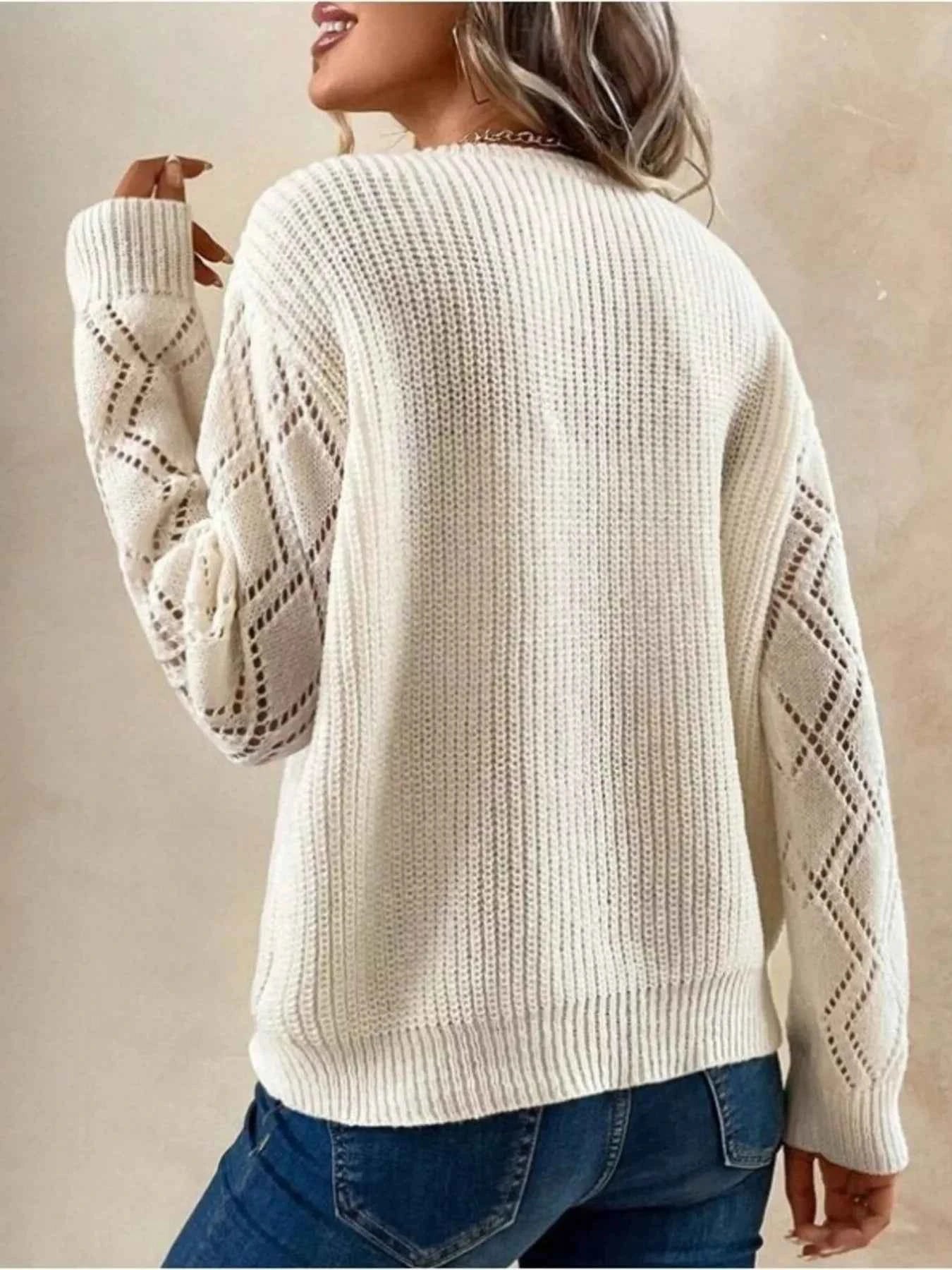 Openwork V-Neck Long Sleeve Sweate - Woven With Purpose
