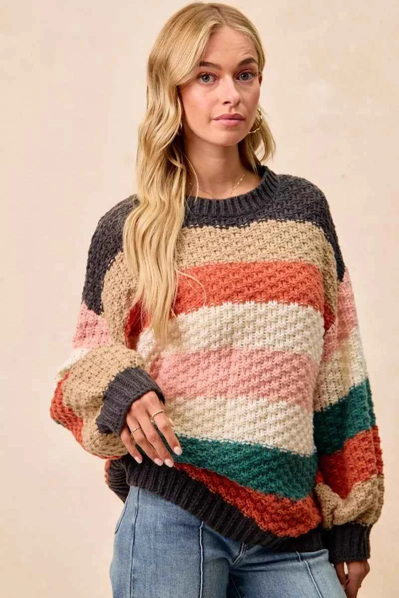 BiBi Stripes Color Block Chunky Sweater - Woven With Purpose