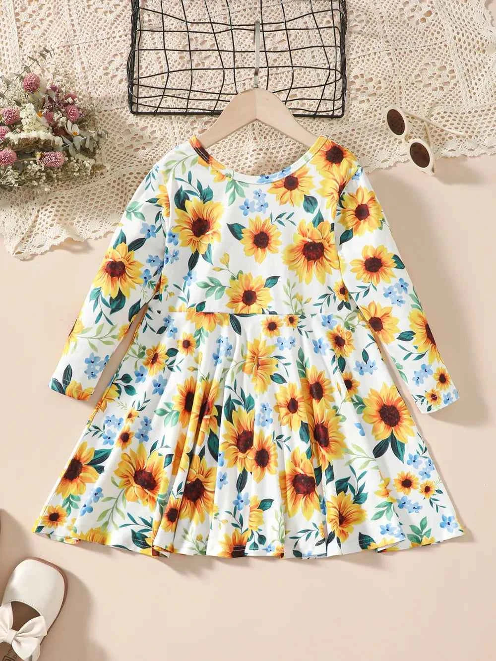 Kids Sunflower Print Round Neck Long Sleeve Dress - Woven With Purpose