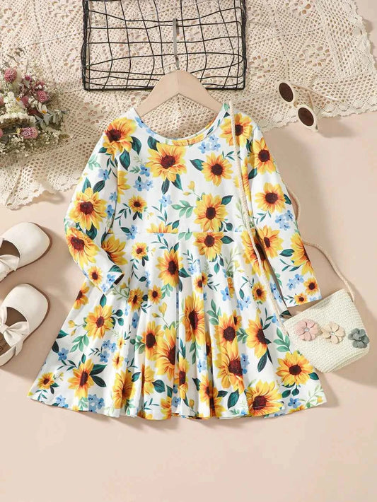 Kids Sunflower Print Round Neck Long Sleeve Dress - Woven With Purpose