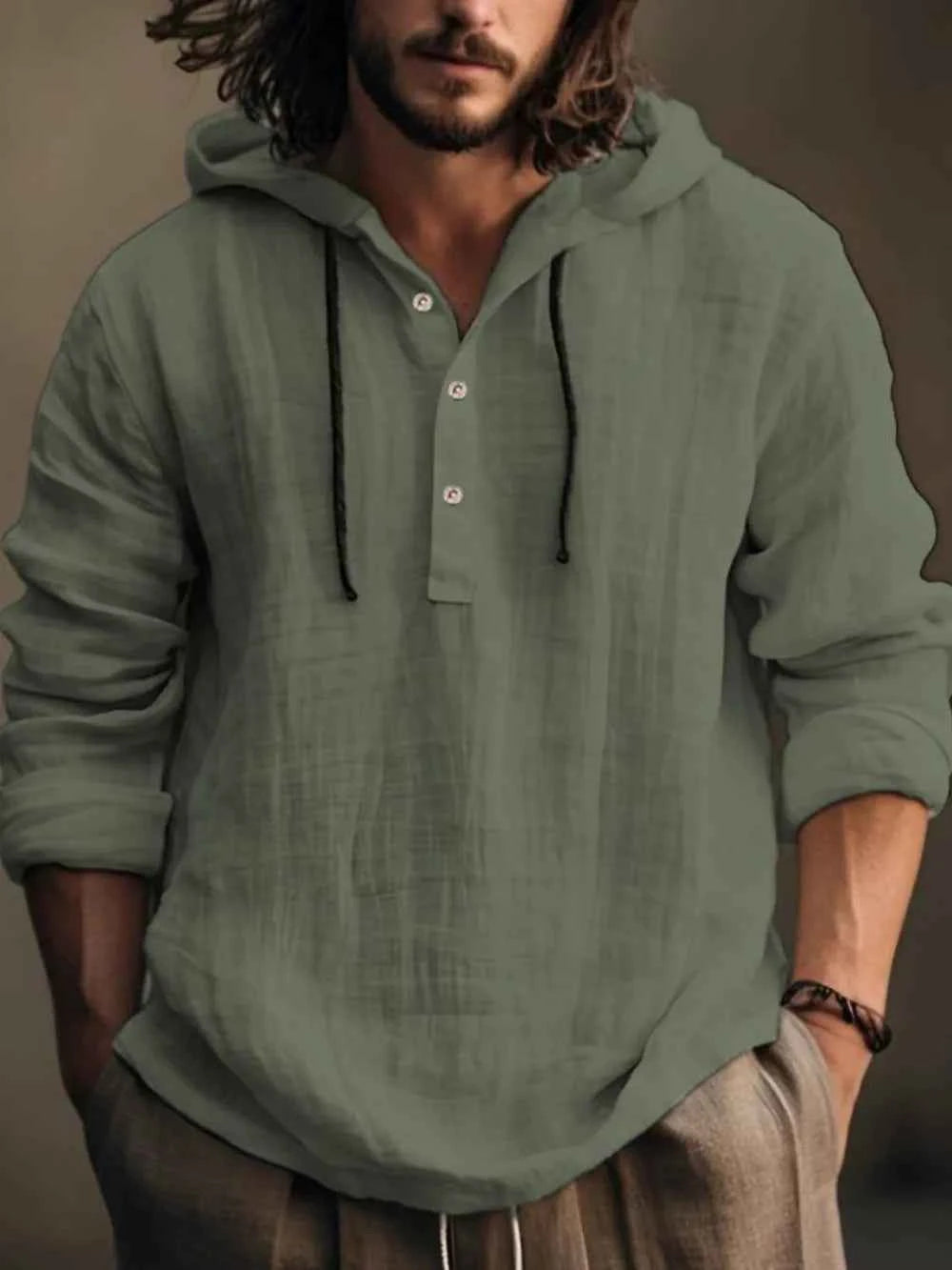 Men's Full Size Half Button Long Sleeve Hoodie - Woven With Purpose
