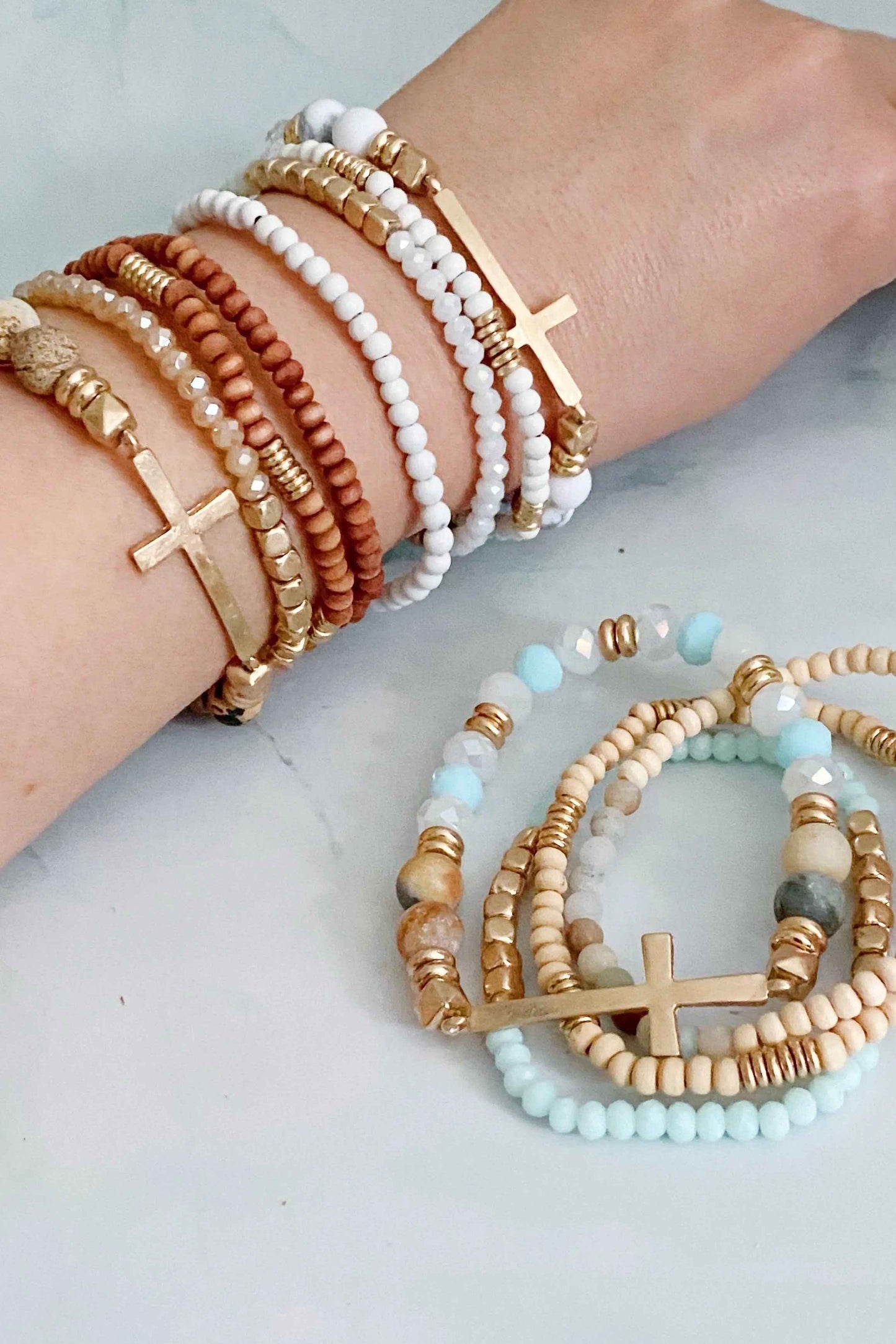 Set Of 4, Stone And Wooden Beads Bracelet - Woven With Purpose