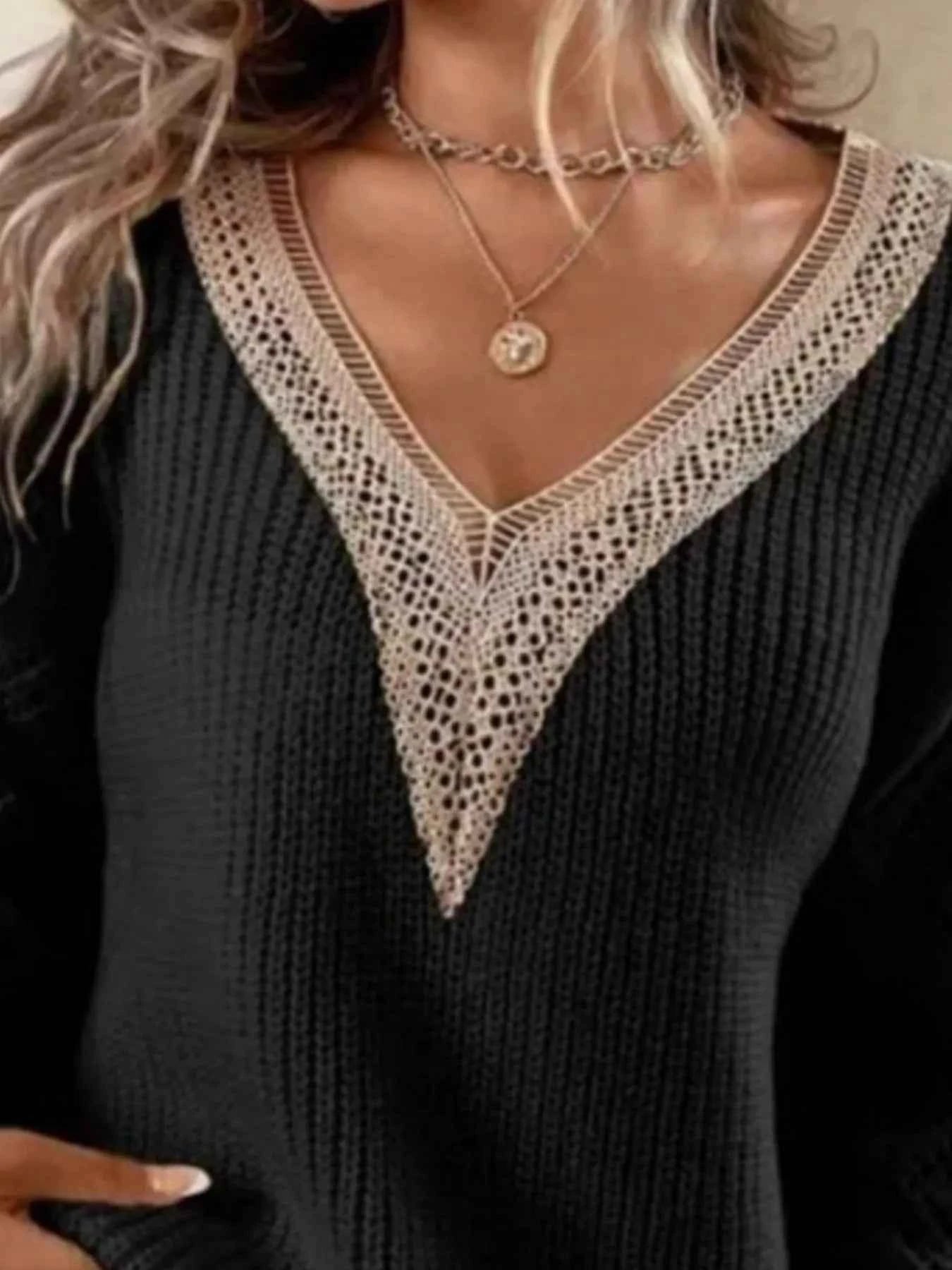 Openwork V-Neck Long Sleeve Sweate - Woven With Purpose