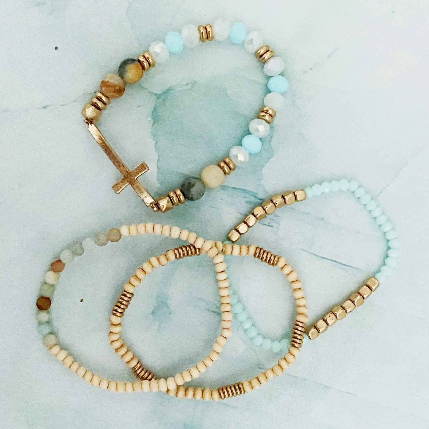 Set Of 4, Stone And Wooden Beads Bracelet - Woven With Purpose