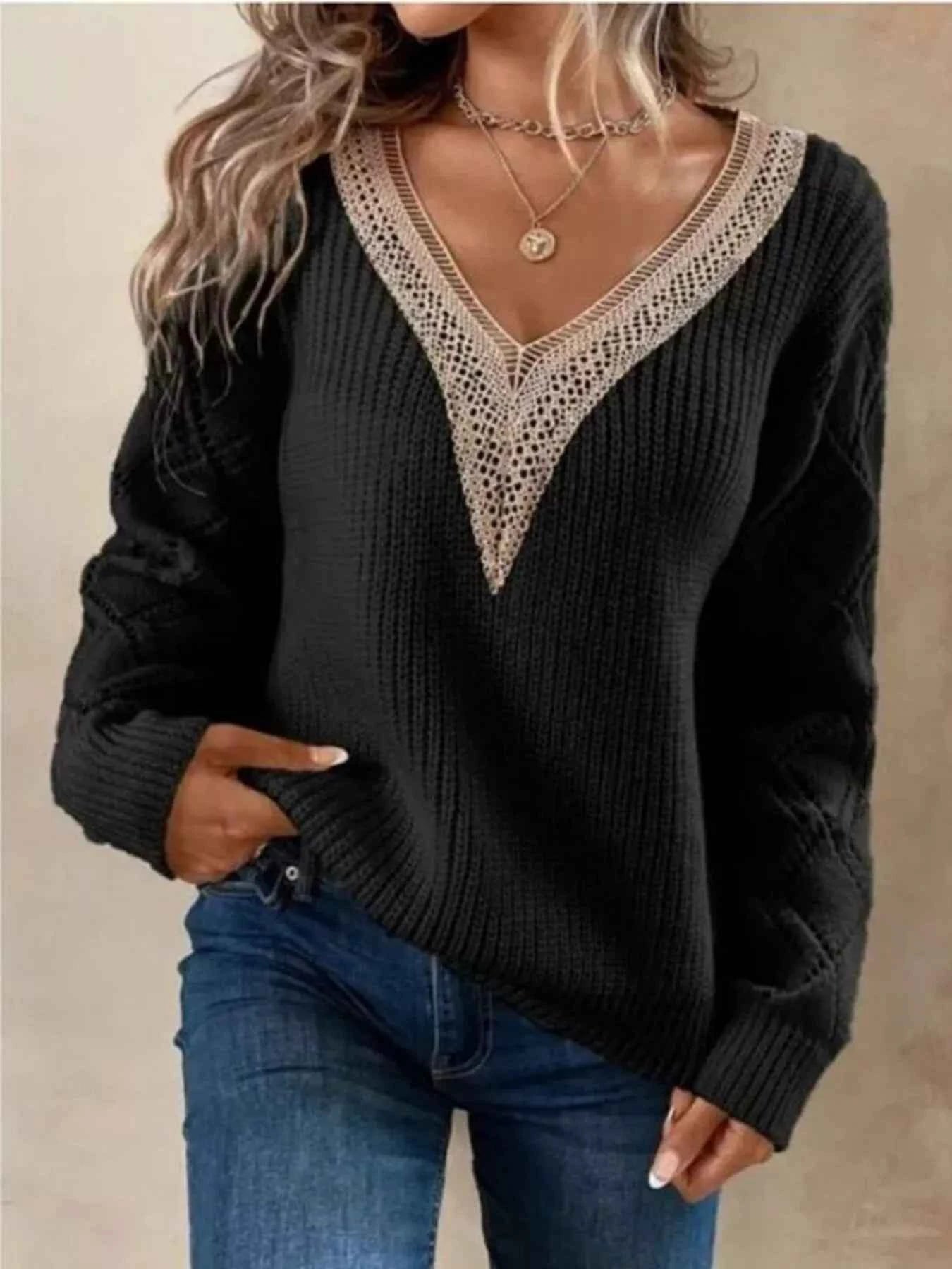 Openwork V-Neck Long Sleeve Sweate - Woven With Purpose
