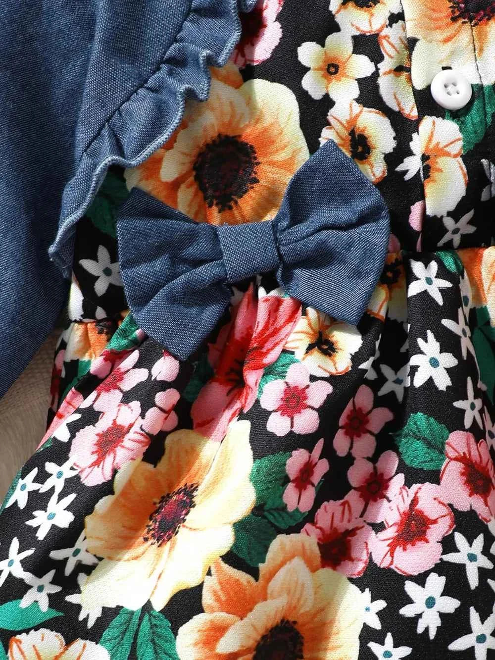 Children's Ruffled Bow Contrast Floral Dress with Headband - Woven With Purpose