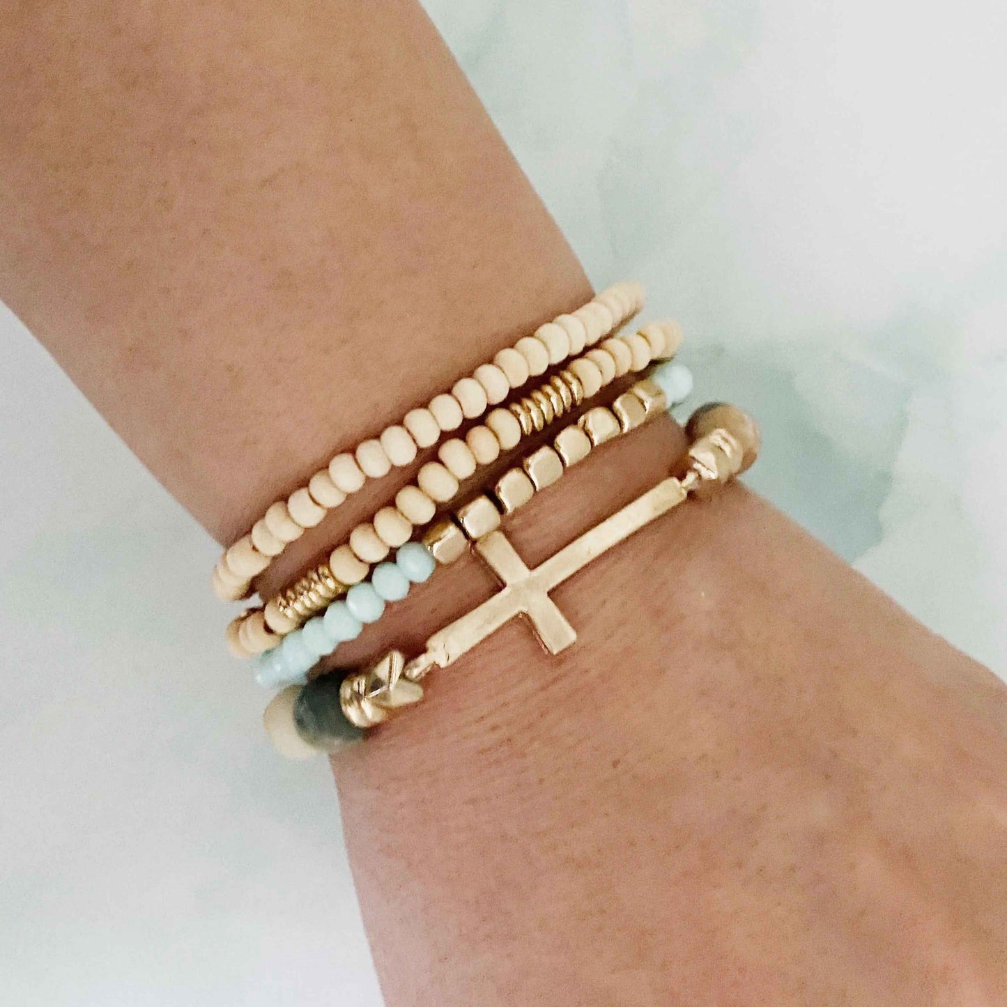 Set Of 4, Stone And Wooden Beads Bracelet - Woven With Purpose