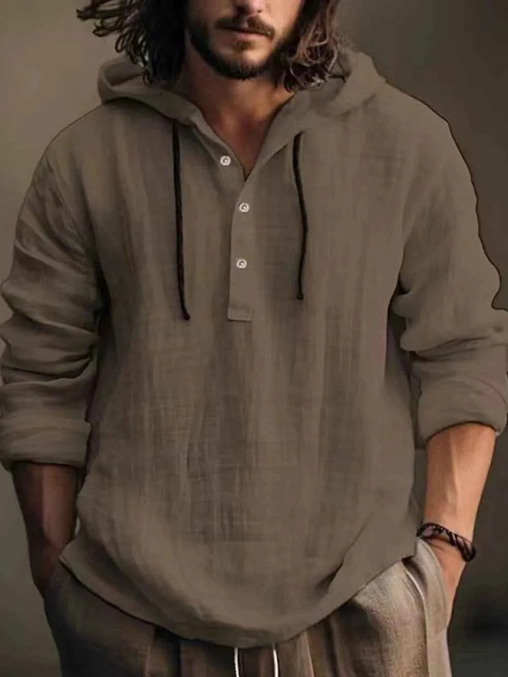 Men's Full Size Half Button Long Sleeve Hoodie - Woven With Purpose
