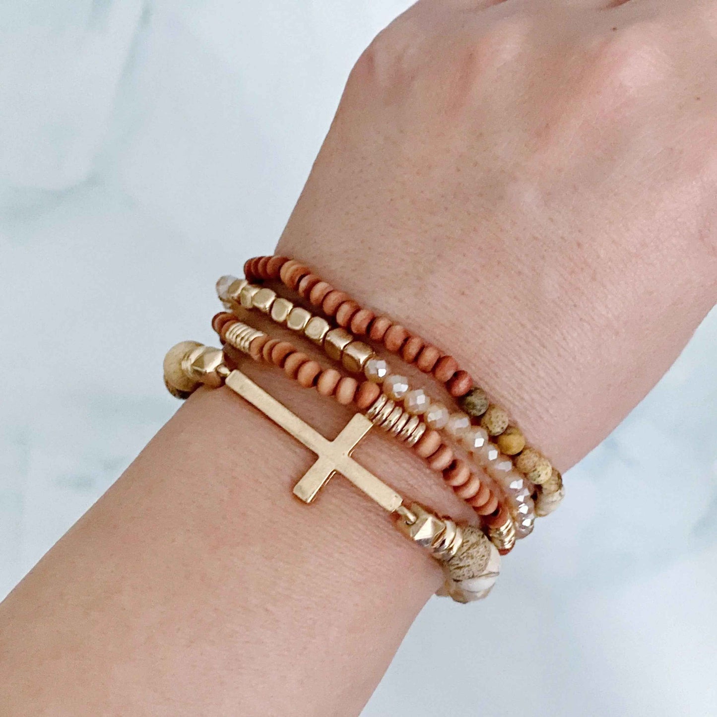 Set Of 4, Stone And Wooden Beads Bracelet - Woven With Purpose