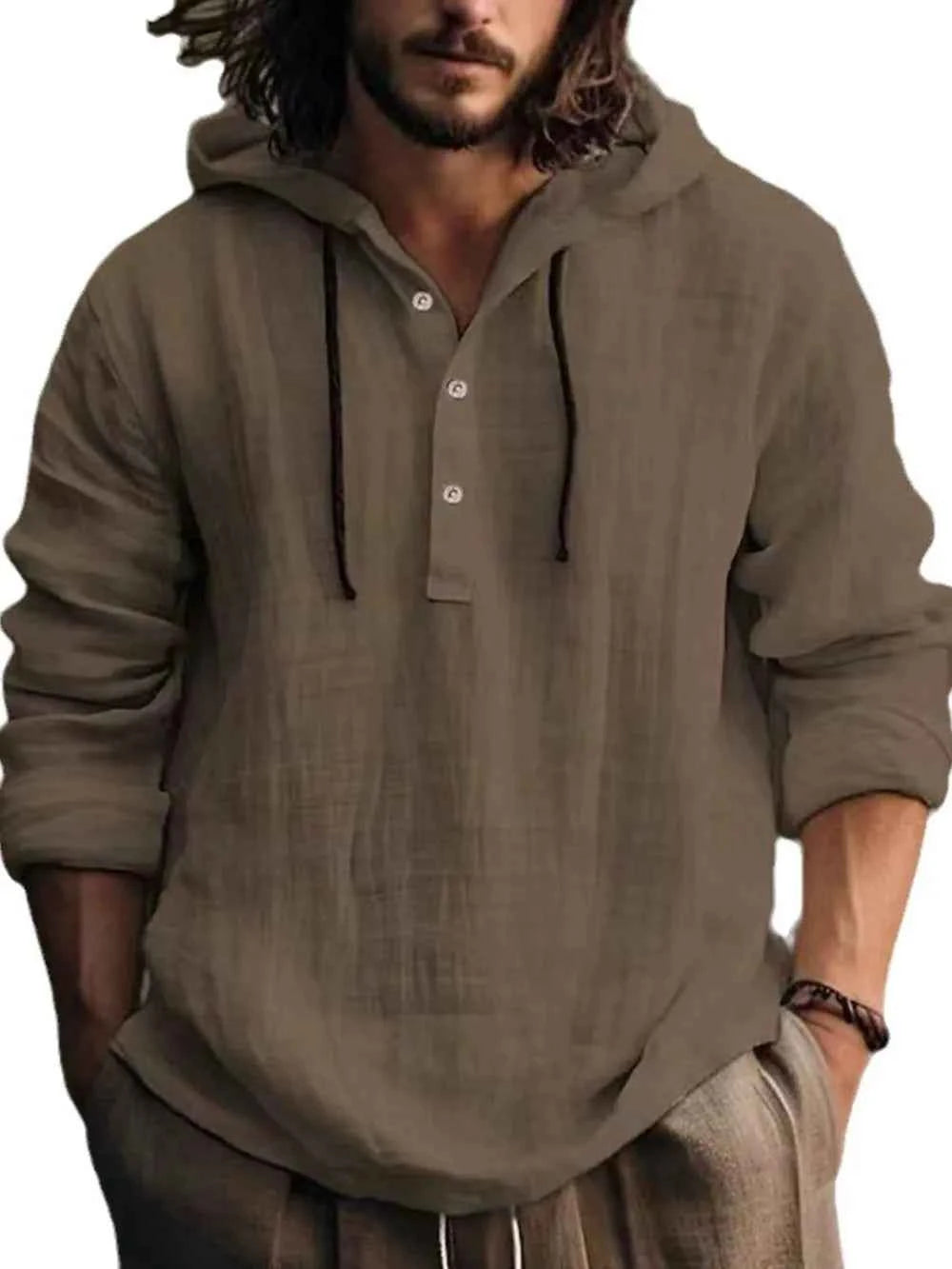 Men's Full Size Half Button Long Sleeve Hoodie - Woven With Purpose