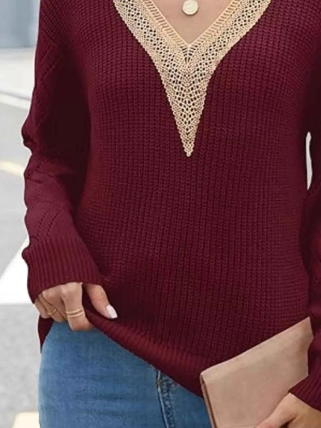 Openwork V-Neck Long Sleeve Sweate - Woven With Purpose