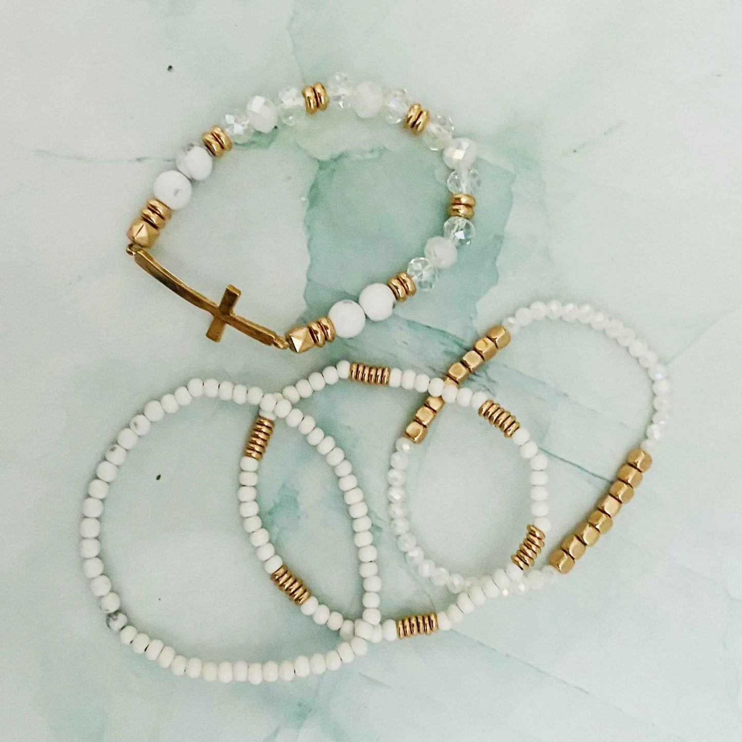 Set Of 4, Stone And Wooden Beads Bracelet - Woven With Purpose