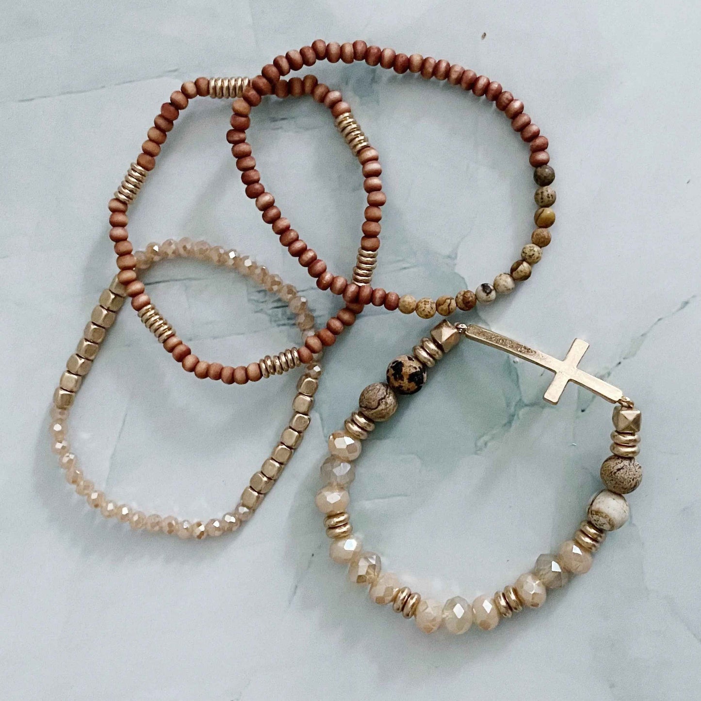Set Of 4, Stone And Wooden Beads Bracelet - Woven With Purpose