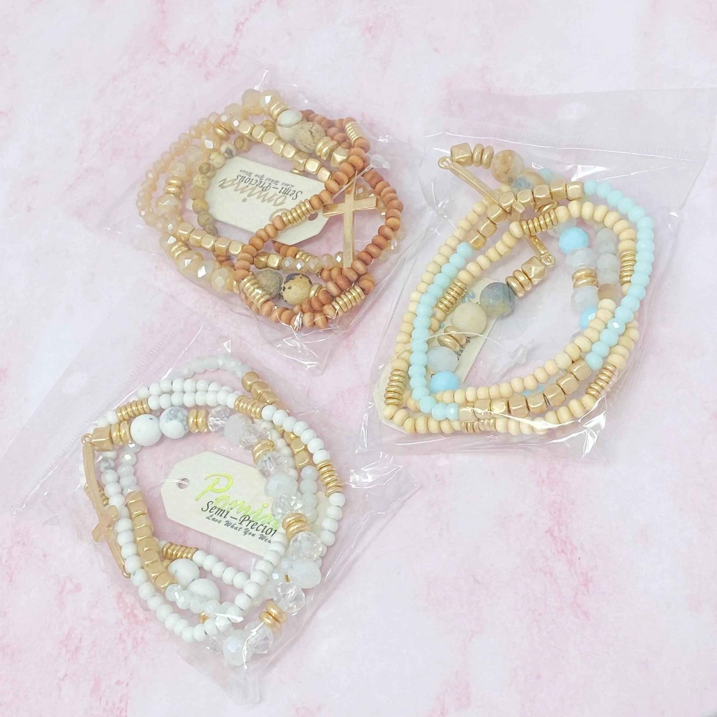 Set Of 4, Stone And Wooden Beads Bracelet - Woven With Purpose