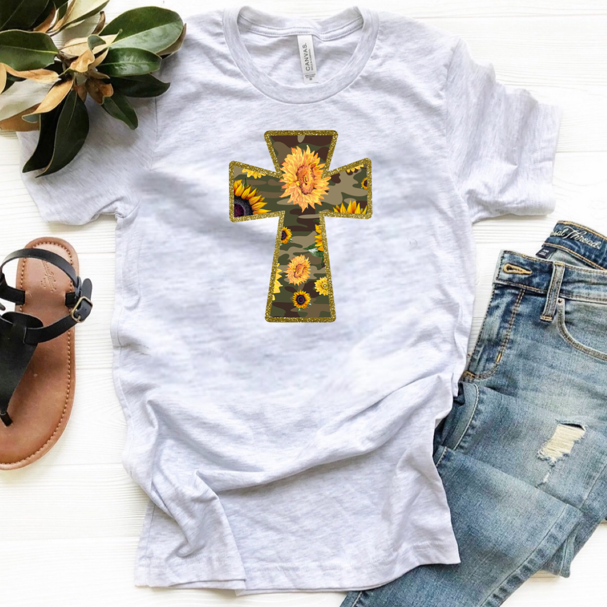 Camo Cross & Sunflowers - T-Shirt / Sweatshirt Unisex Sizing - Woven With Purpose
