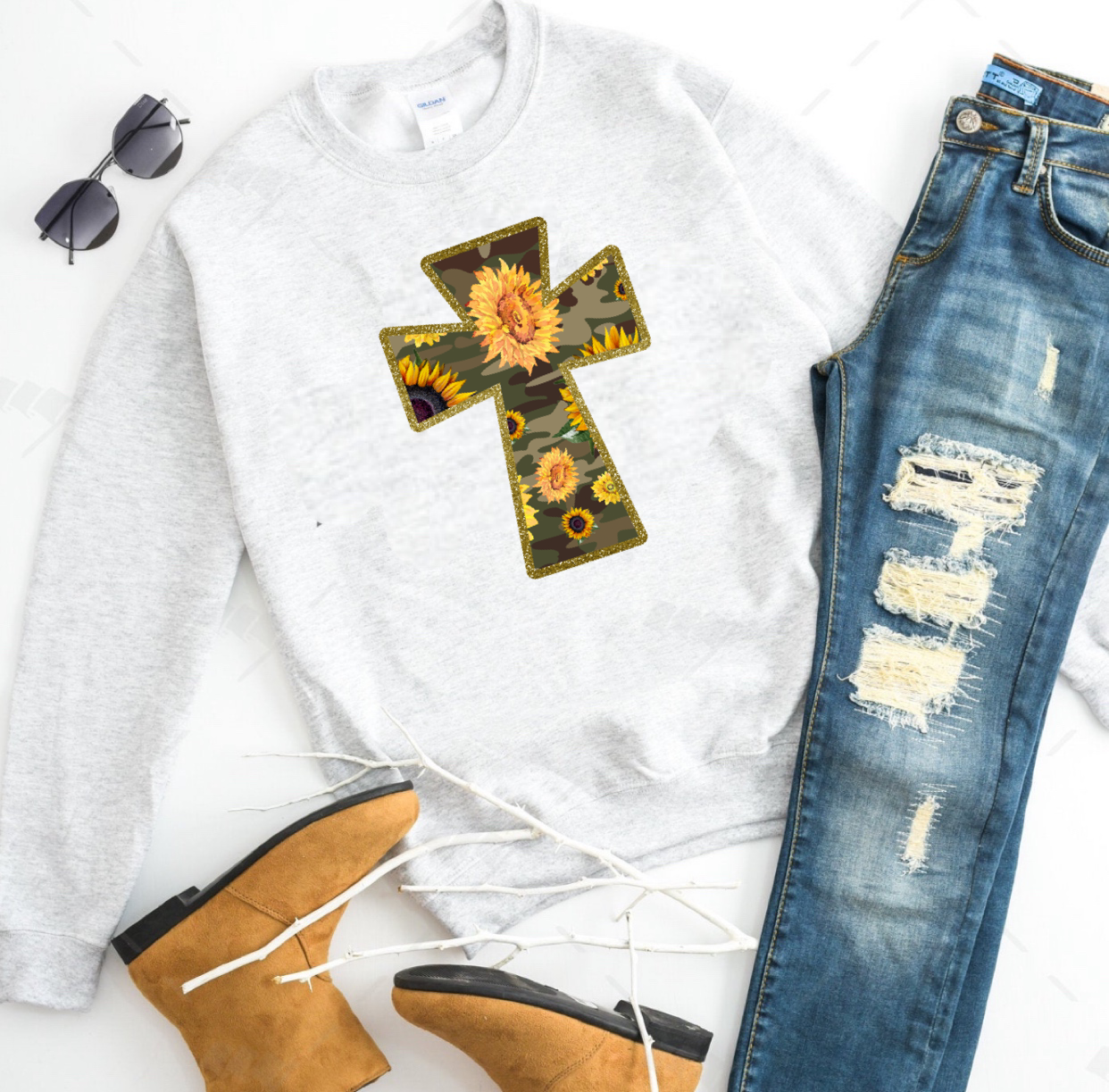 Camo Cross & Sunflowers - T-Shirt / Sweatshirt Unisex Sizing - Woven With Purpose