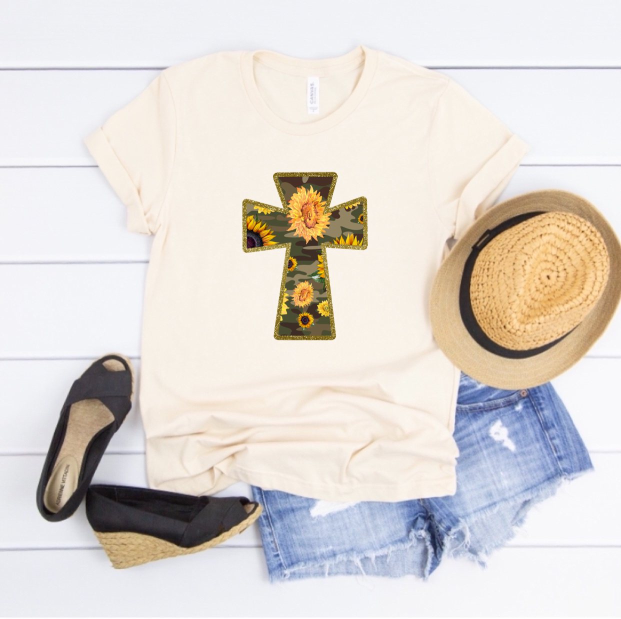 Camo Cross & Sunflowers - T-Shirt / Sweatshirt Unisex Sizing - Woven With Purpose