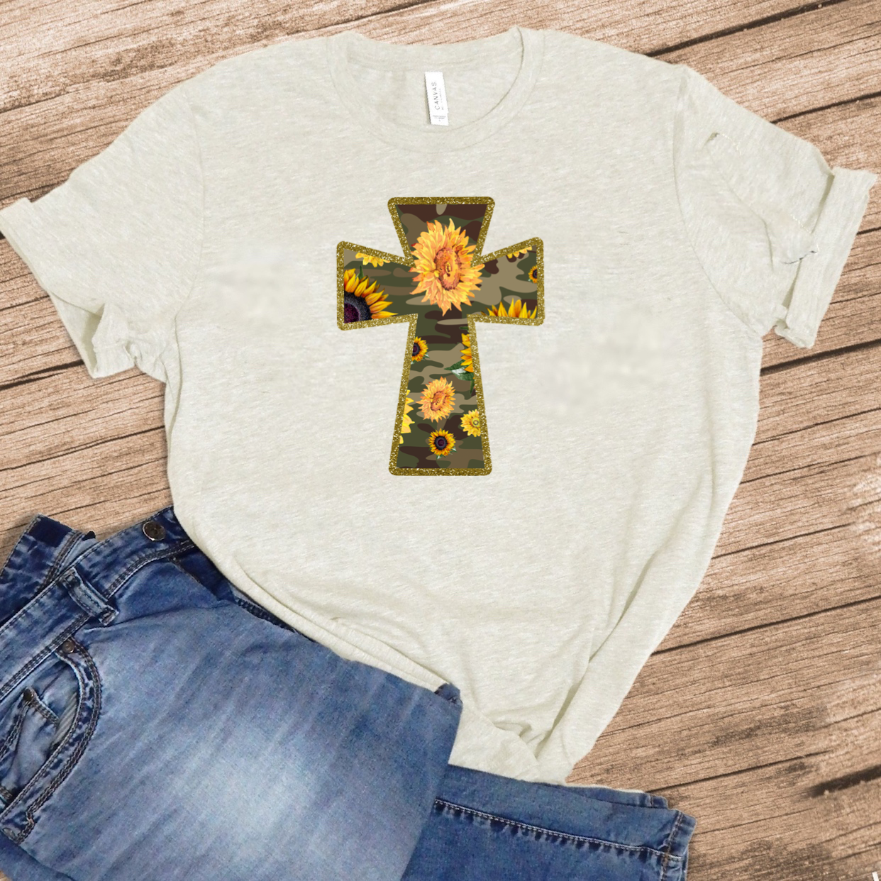 Camo Cross & Sunflowers - T-Shirt / Sweatshirt Unisex Sizing - Woven With Purpose