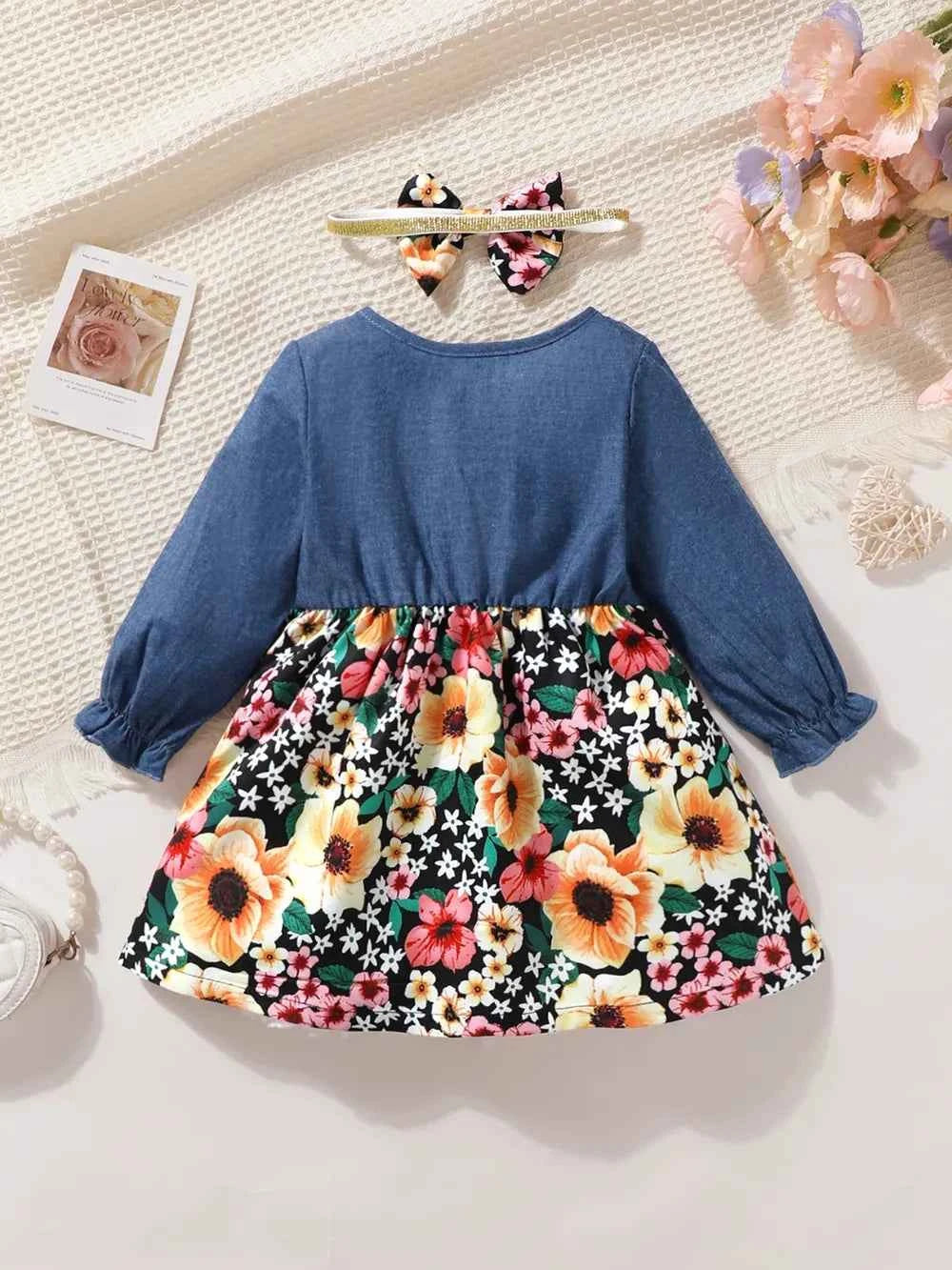 Children's Ruffled Bow Contrast Floral Dress with Headband - Woven With Purpose