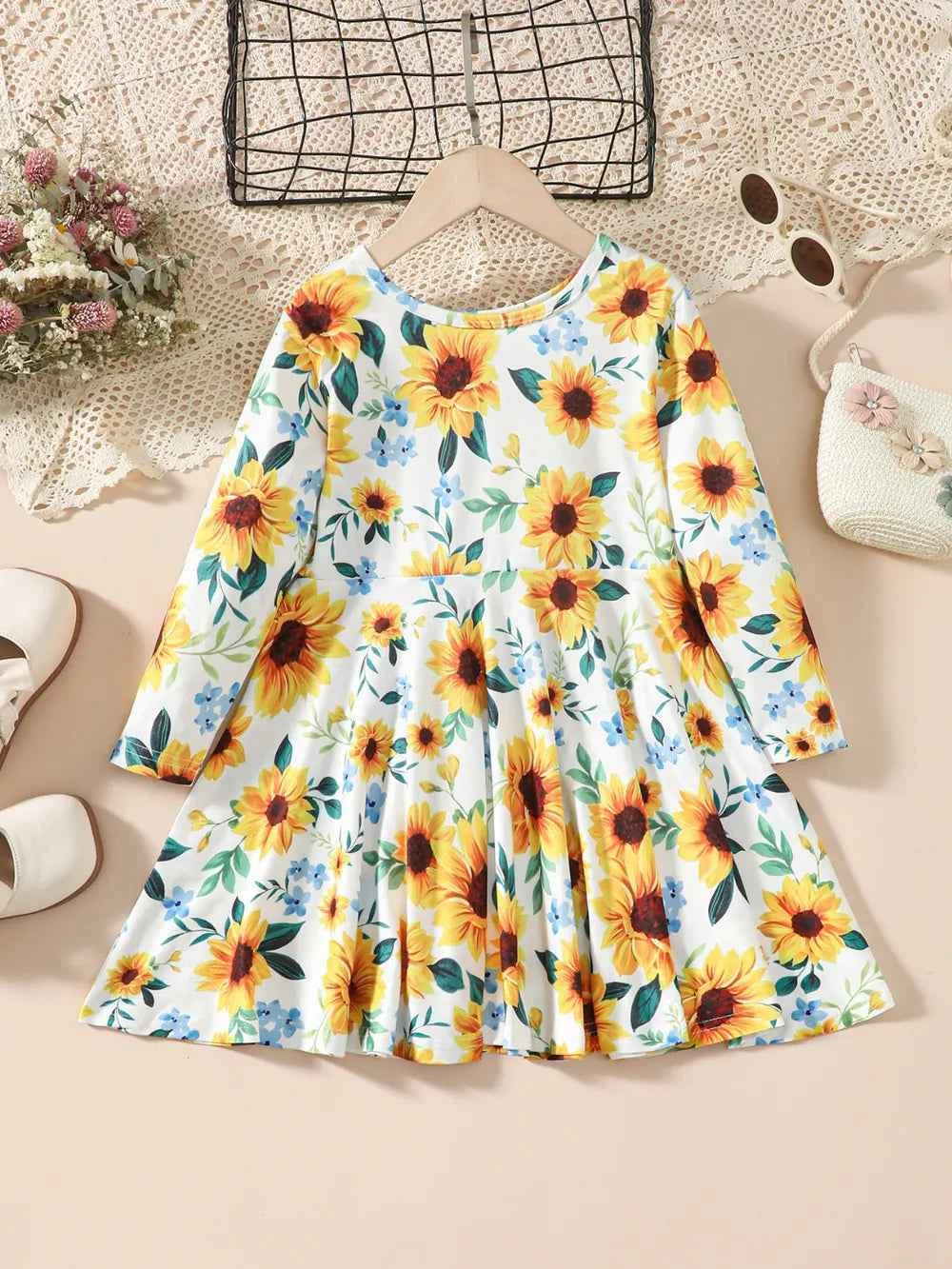 Kids Sunflower Print Round Neck Long Sleeve Dress - Woven With Purpose