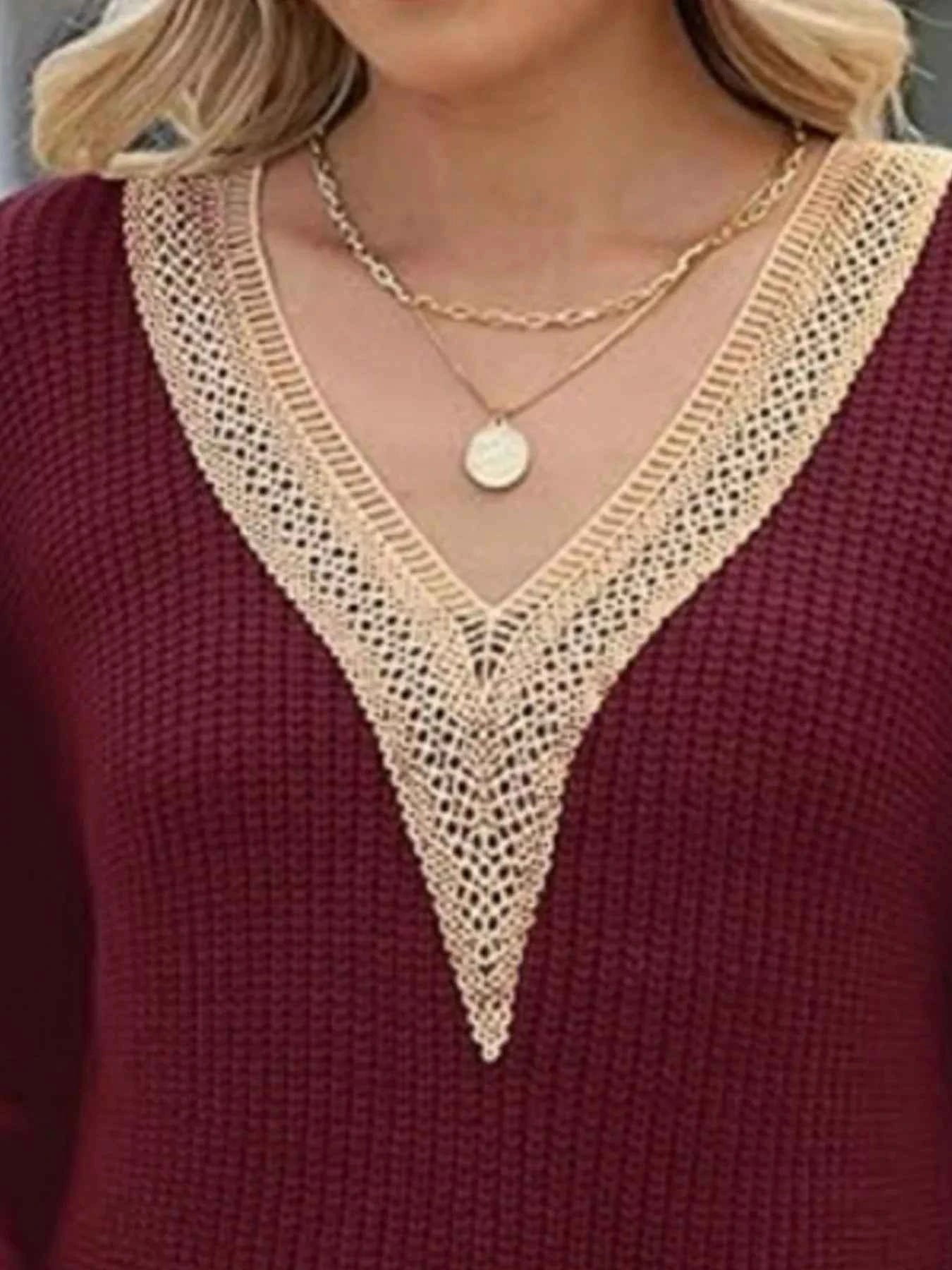 Openwork V-Neck Long Sleeve Sweate - Woven With Purpose