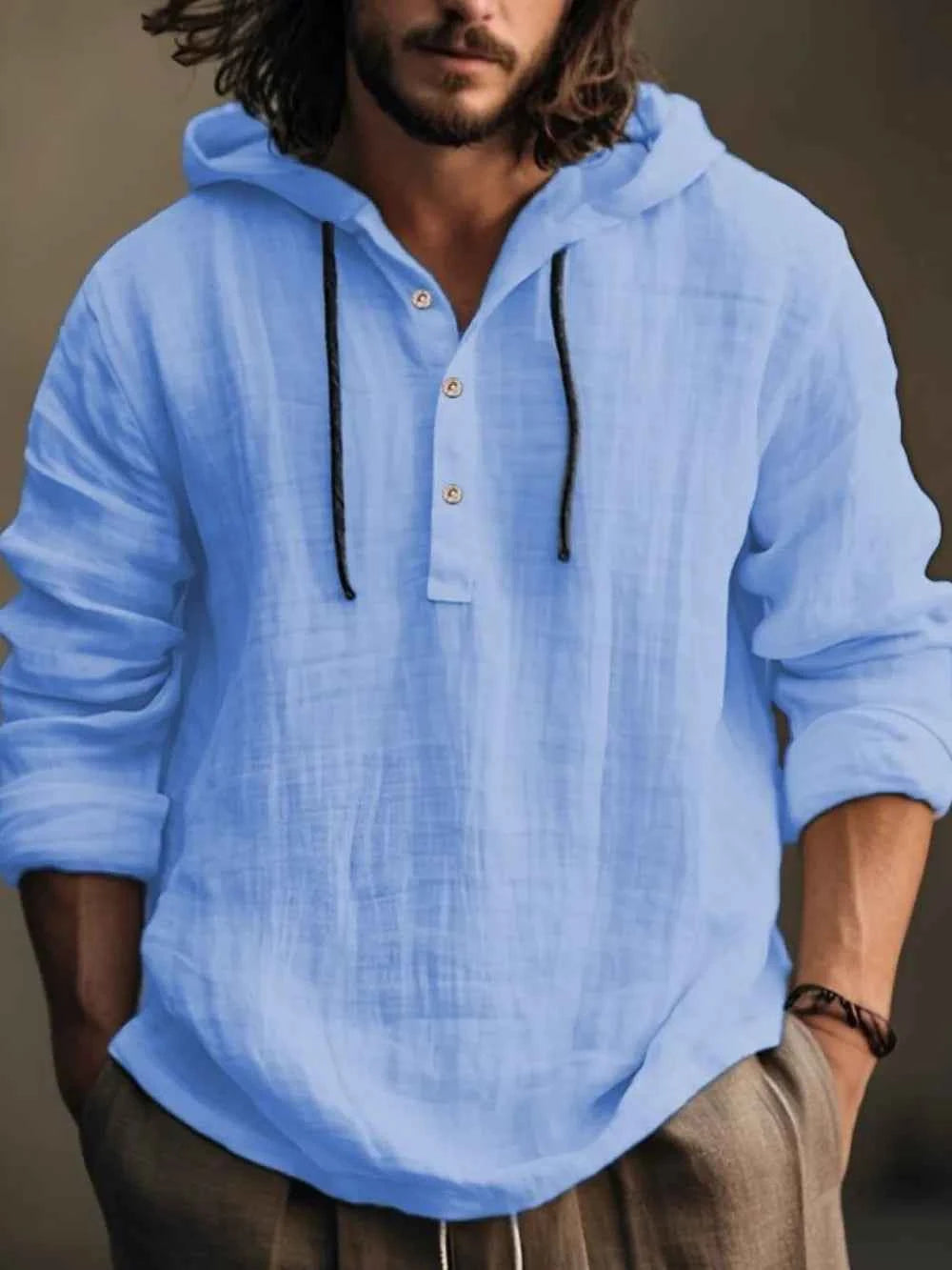 Men's Full Size Half Button Long Sleeve Hoodie - Woven With Purpose