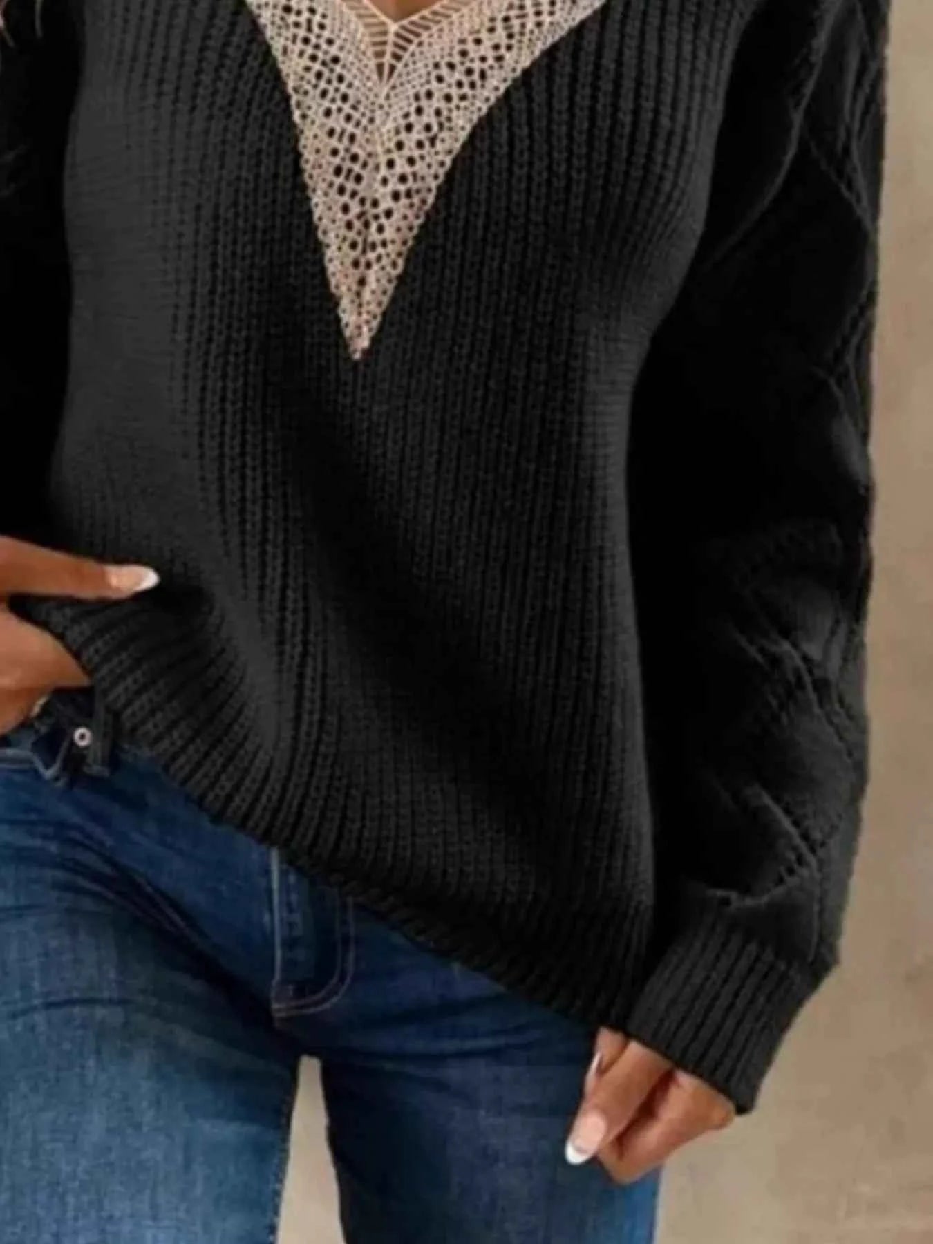 Openwork V-Neck Long Sleeve Sweate - Woven With Purpose