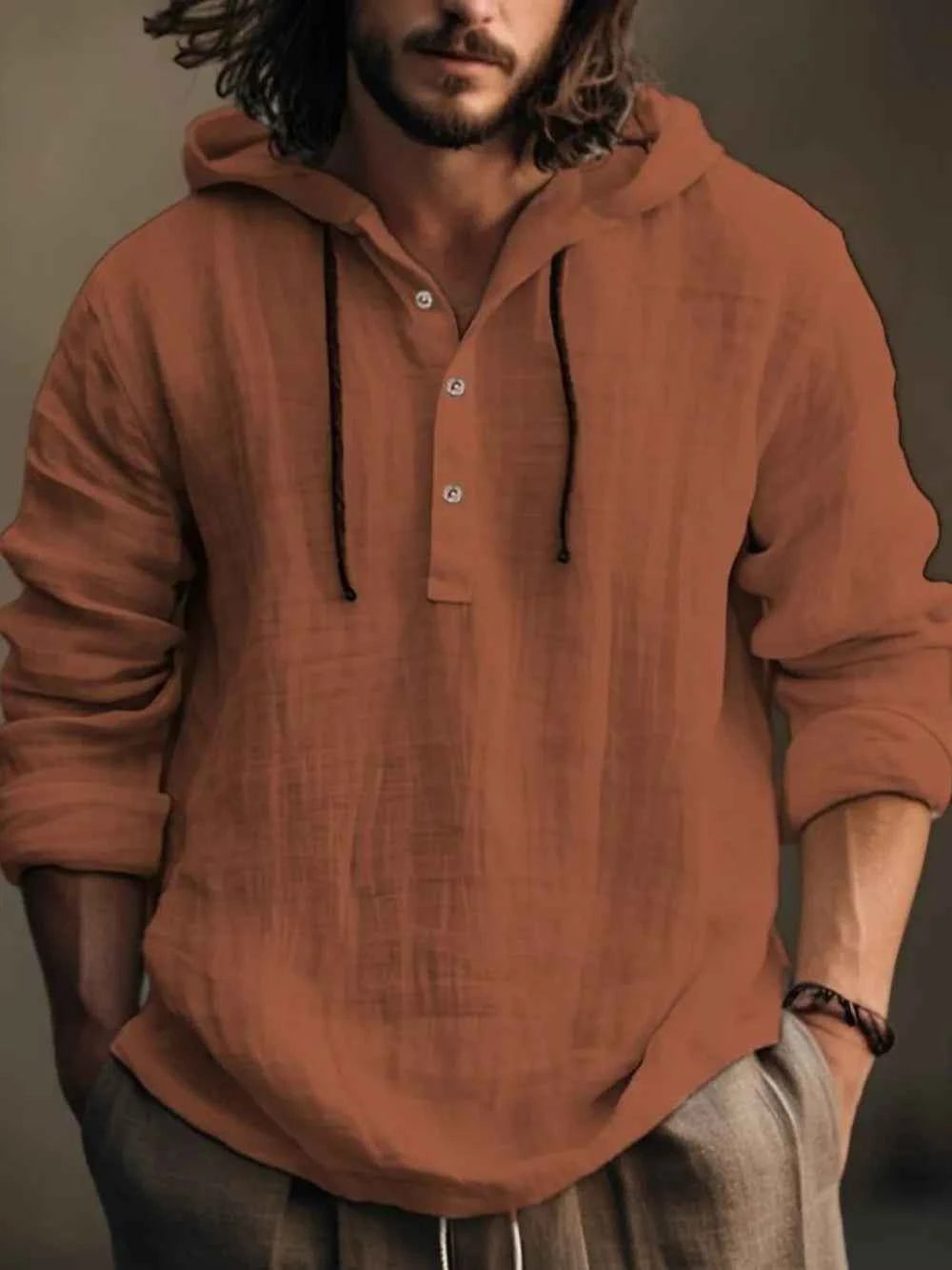 Men's Full Size Half Button Long Sleeve Hoodie - Woven With Purpose