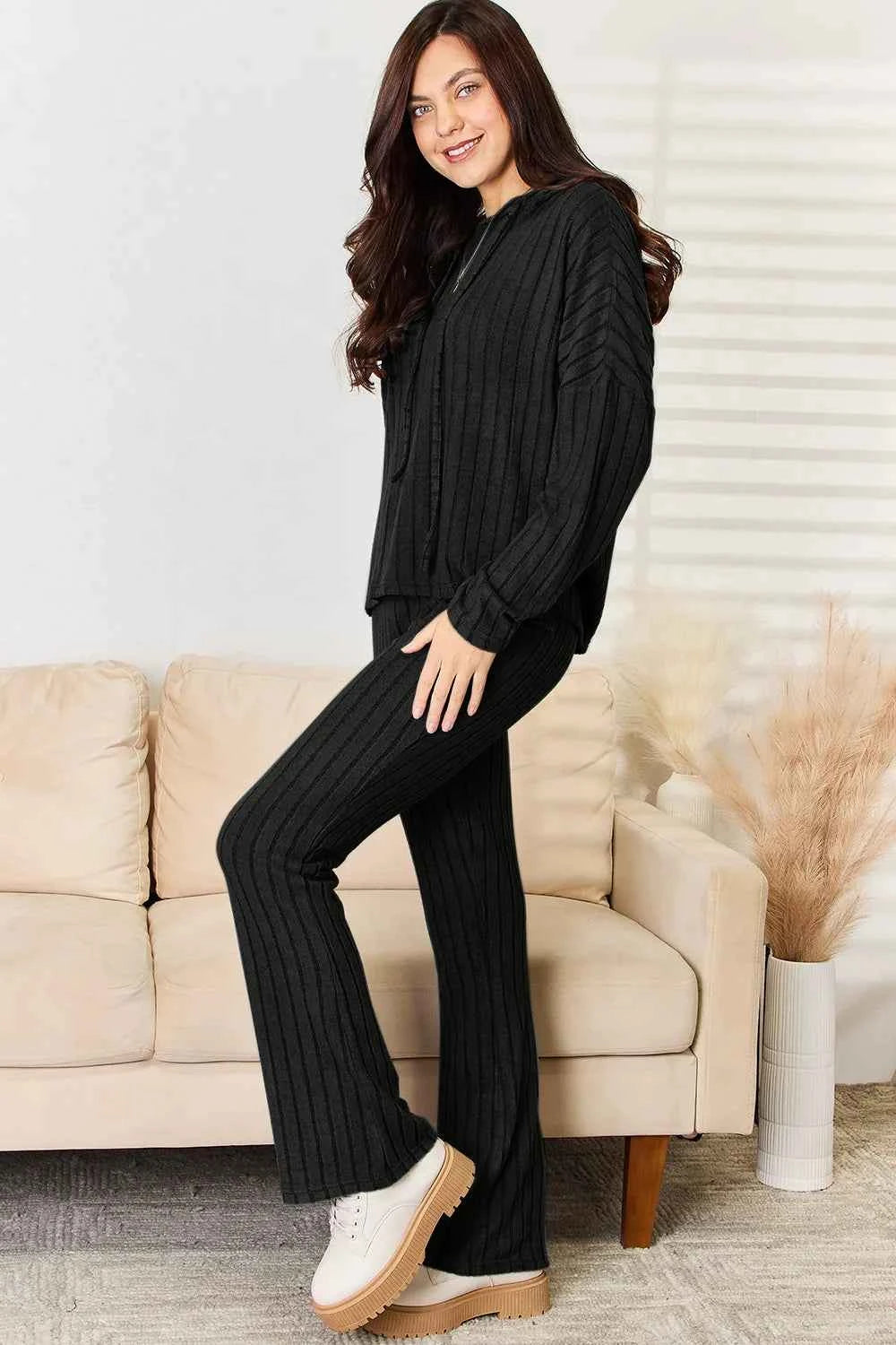 Basic Bae Full Size Ribbed Drawstring Hooded Top and Straight Pants Set