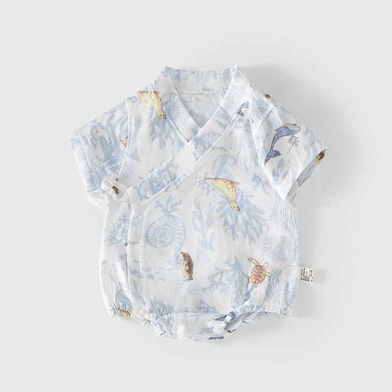 Summer Arrival Baby Unisex Short Sleeves Cute Animals Pattern V Neck Onesies