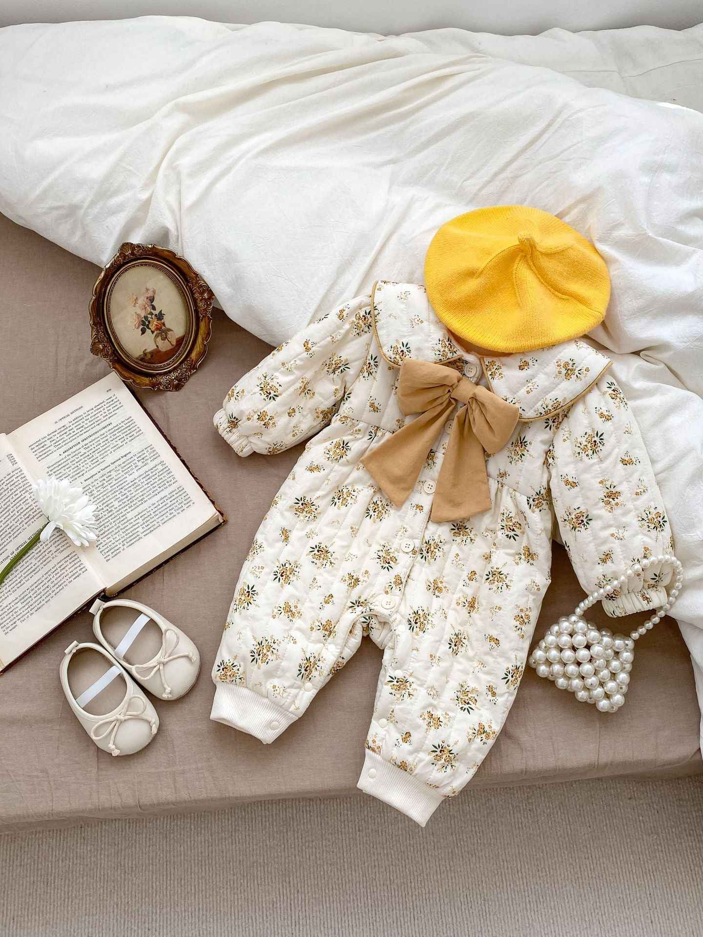 Baby Toddler Girl Fleece Floral Print Combo Big Bow-Knot Long Sleeve Jumpsuit