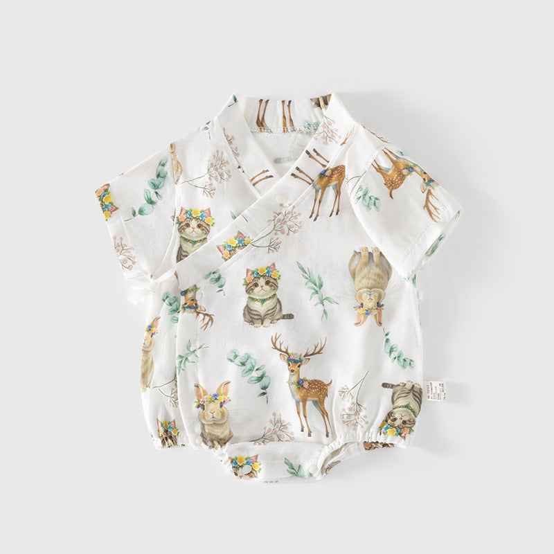 Summer Arrival Baby Unisex Short Sleeves Cute Animals Pattern V Neck Onesies