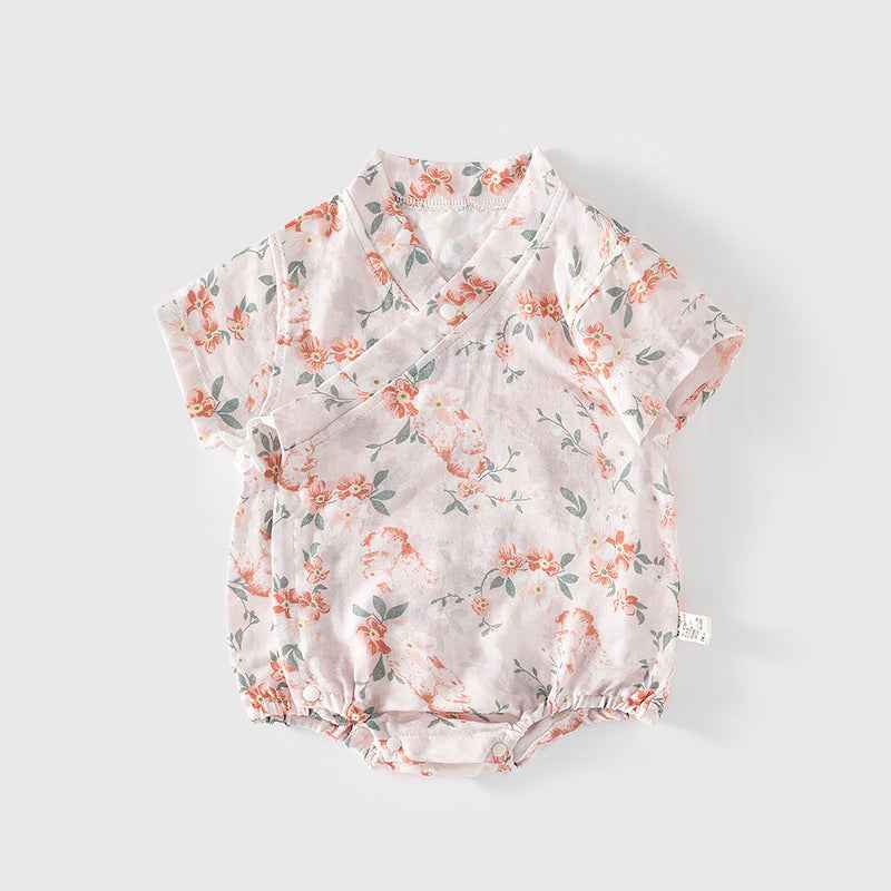 Summer Arrival Baby Unisex Short Sleeves Cute Animals Pattern V Neck Onesies