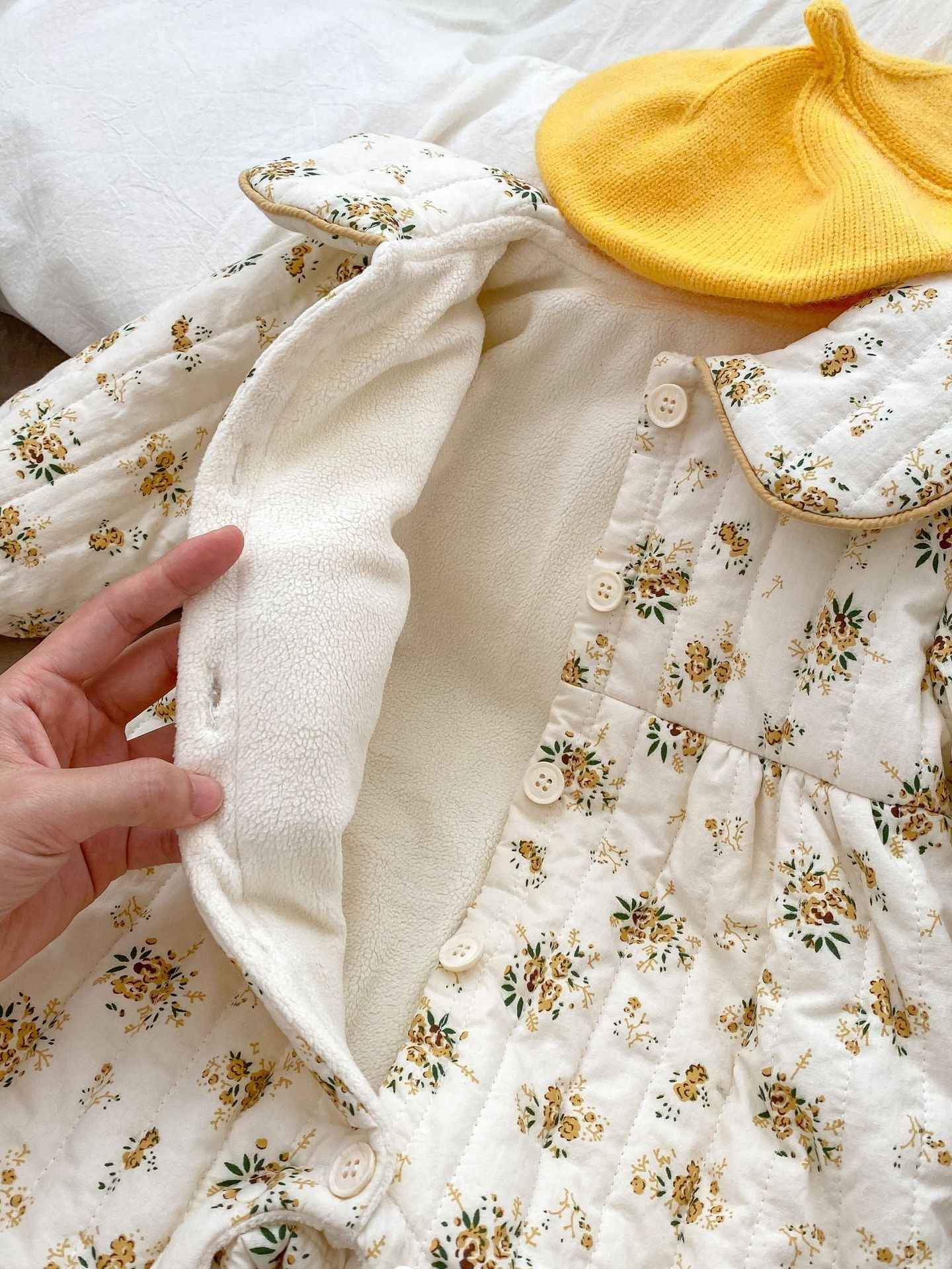 Baby Toddler Girl Fleece Floral Print Combo Big Bow-Knot Long Sleeve Jumpsuit