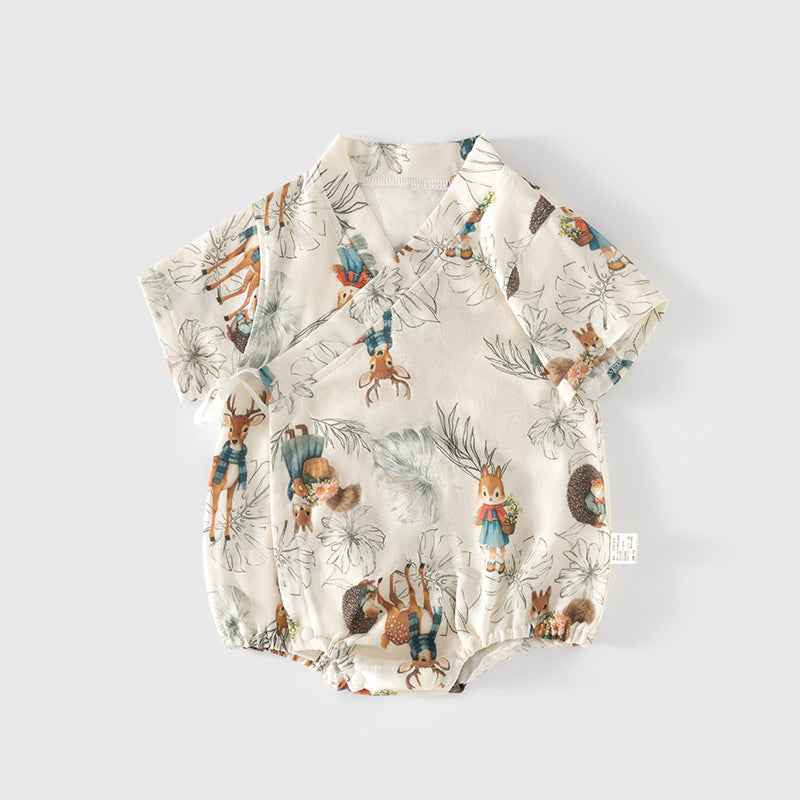 Summer Arrival Baby Unisex Short Sleeves Cute Animals Pattern V Neck Onesies
