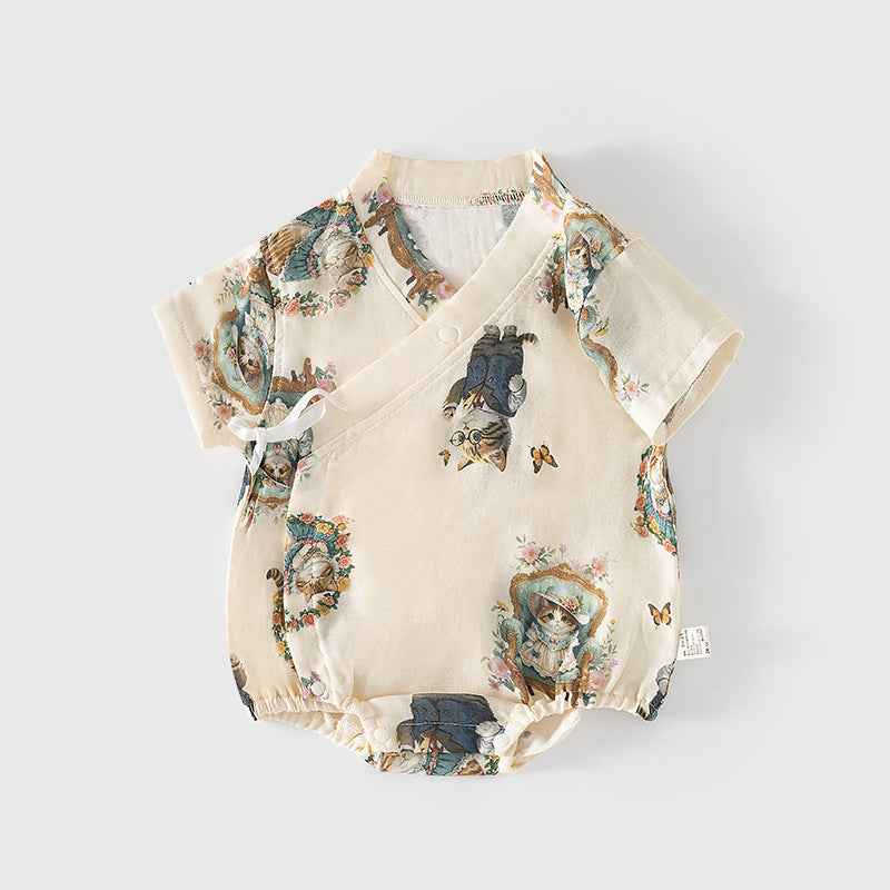 Summer Arrival Baby Unisex Short Sleeves Cute Animals Pattern V Neck Onesies