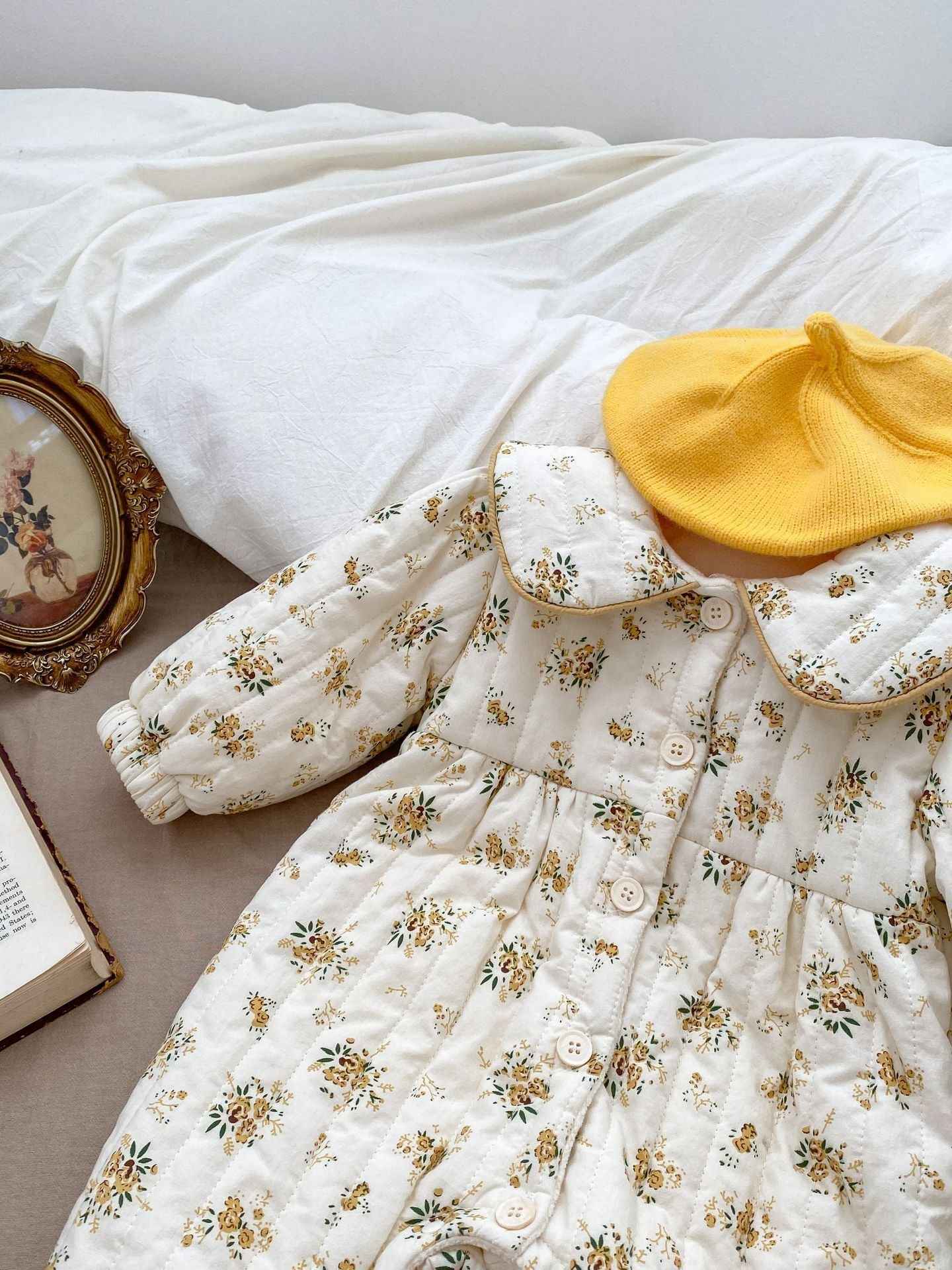 Baby Toddler Girl Fleece Floral Print Combo Big Bow-Knot Long Sleeve Jumpsuit