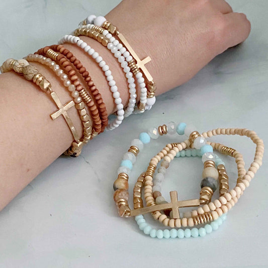 Set Of 4, Stone And Wooden Beads Bracelet - Woven With Purpose