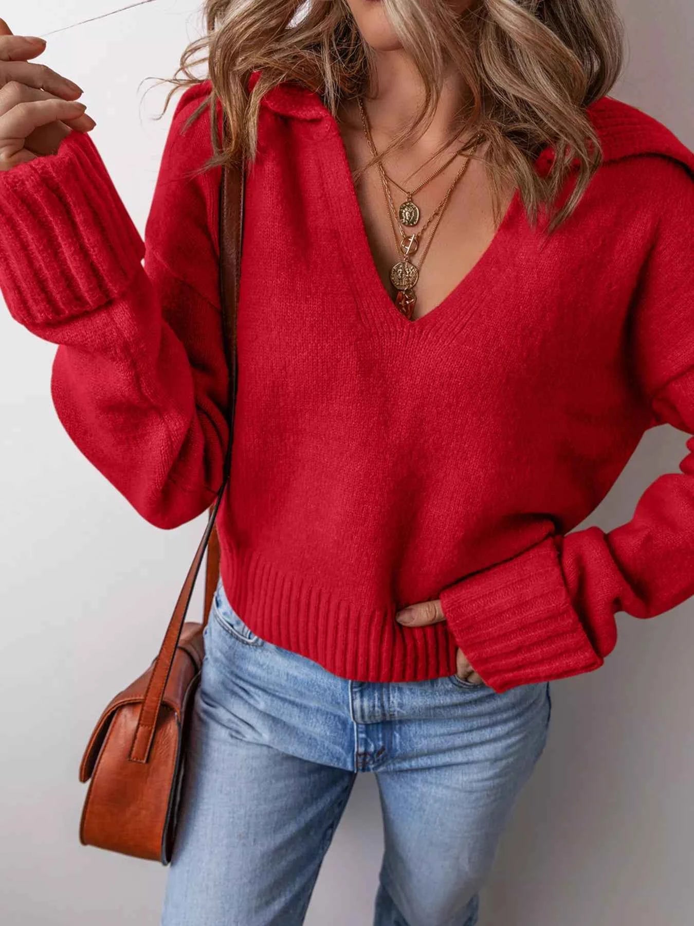 Collared V Neck Ribbed Edge Sweater - Woven With Purpose