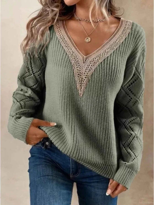 Openwork V-Neck Long Sleeve Sweate - Woven With Purpose