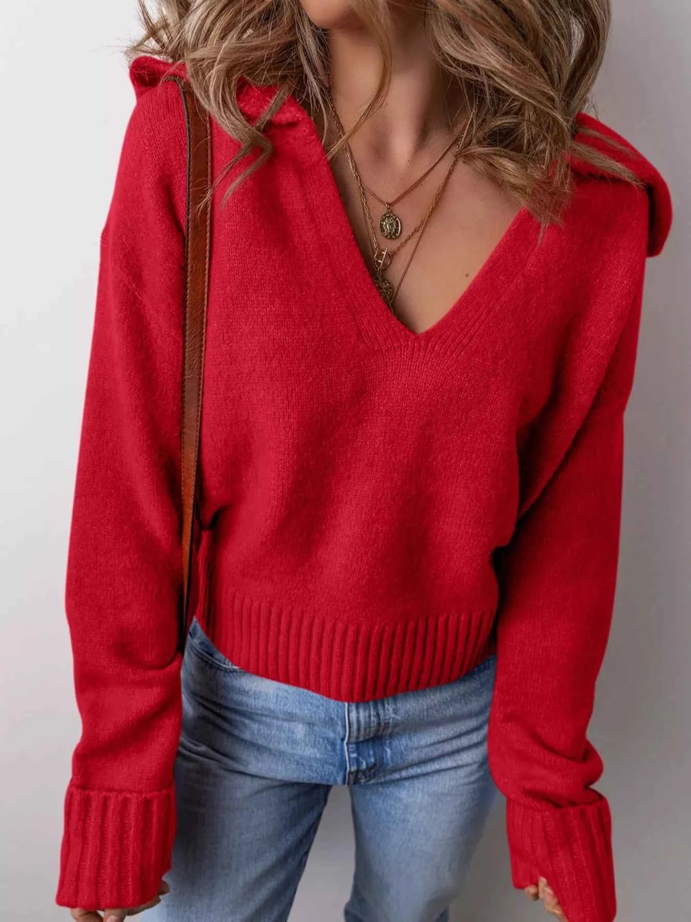 Collared V Neck Ribbed Edge Sweater - Woven With Purpose