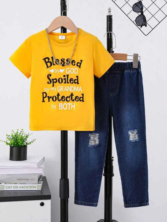 Children's Round Neck Letter Graphic T-Shirt and Distressed Jeans Se - Woven With Purpose
