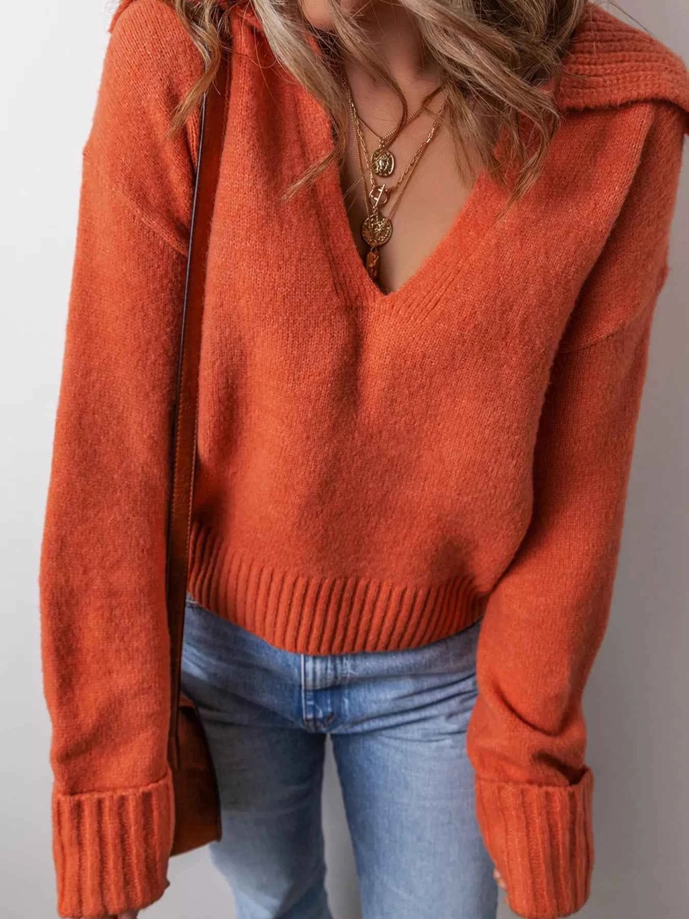 Collared V Neck Ribbed Edge Sweater - Woven With Purpose