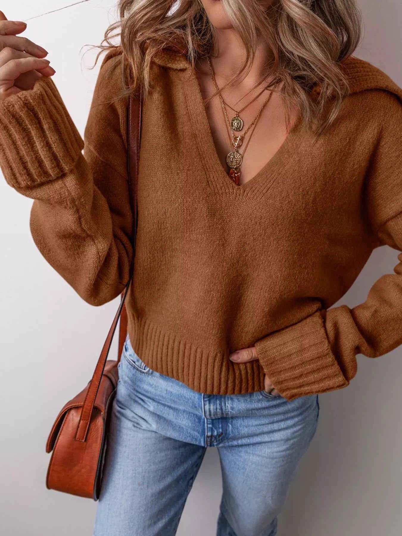 Collared V Neck Ribbed Edge Sweater - Woven With Purpose