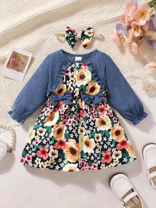 Children's Ruffled Bow Contrast Floral Dress with Headband - Woven With Purpose