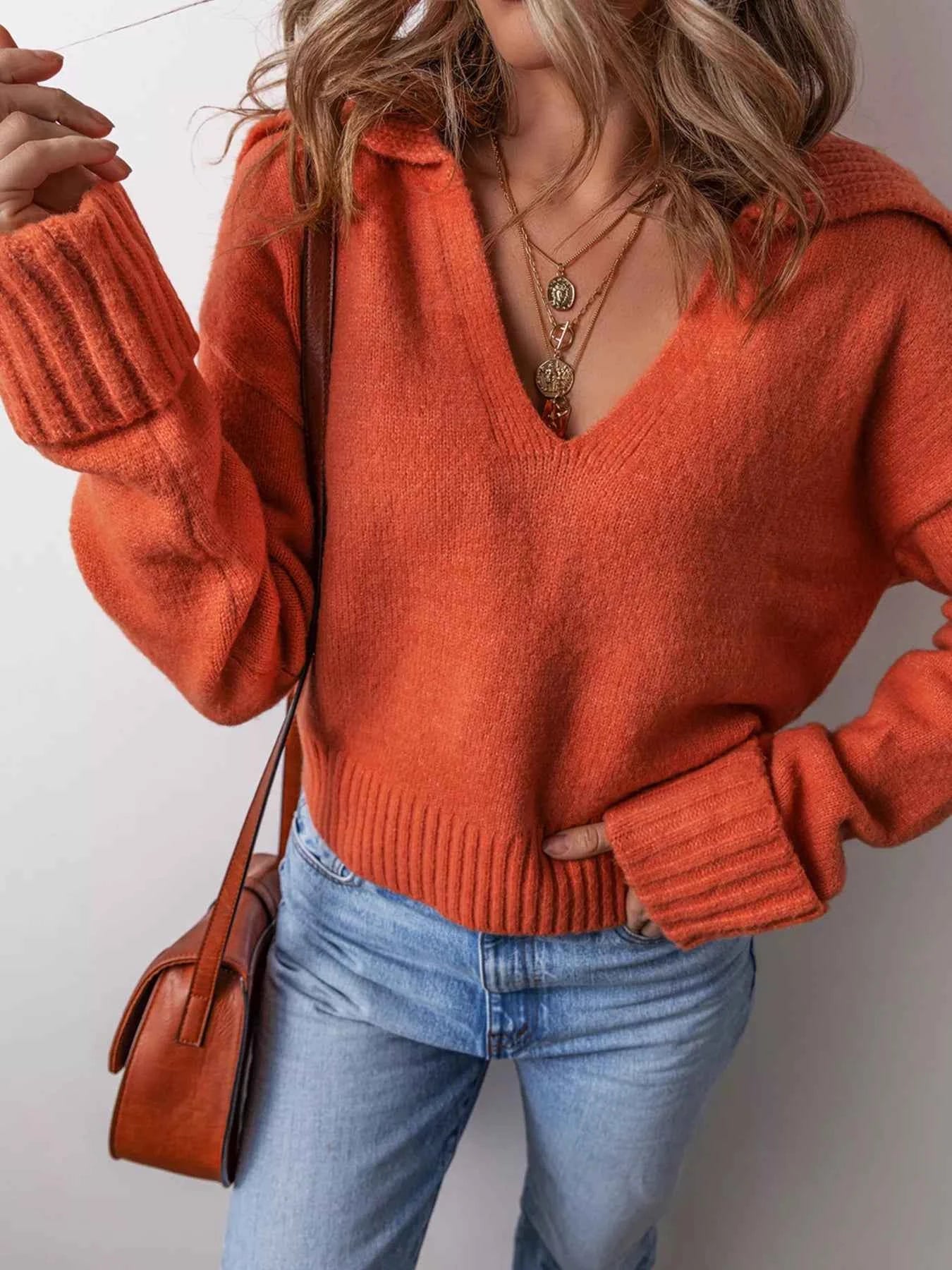 Collared V Neck Ribbed Edge Sweater - Woven With Purpose