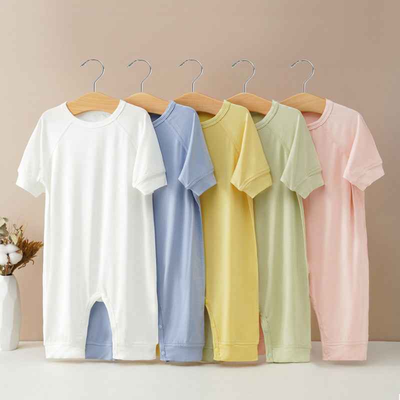 Baby Solid Color Medium Sleeve Summer Crotch Jumpsuit Pajamas