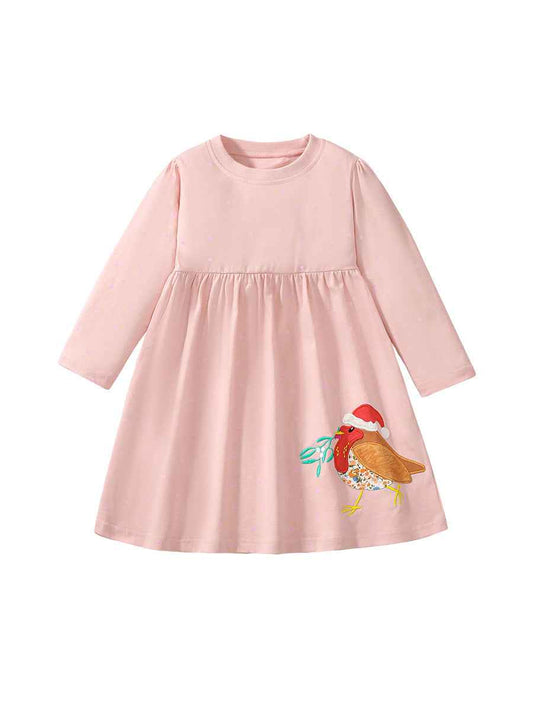High Quality Autumn Girls Long Sleeves Sparrow Bird Pattern Crew Neck Long Sleeves Dress