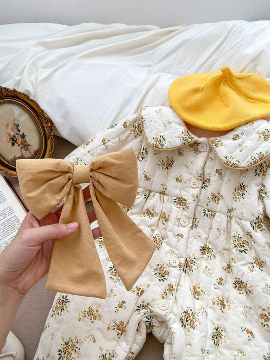 Baby Toddler Girl Fleece Floral Print Combo Big Bow-Knot Long Sleeve Jumpsuit
