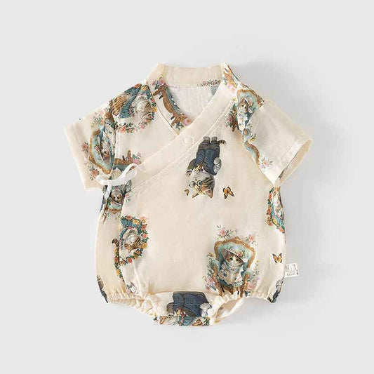 Summer Arrival Baby Unisex Short Sleeves Cute Animals Pattern V Neck Onesies